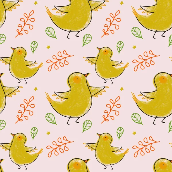 Ładny Bezszwowy Wzór Ptakami Liśćmi Gałęziami Stylu Dziecięcym Druku Tekstylnego — Zdjęcie stockowe