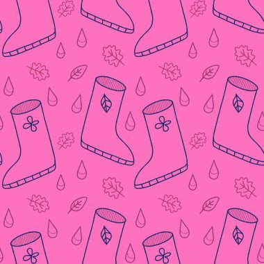 Kusursuz desen, lastik çizmeler, yapraklar, yağmur damlaları. Bahar ve sonbahar baskısı