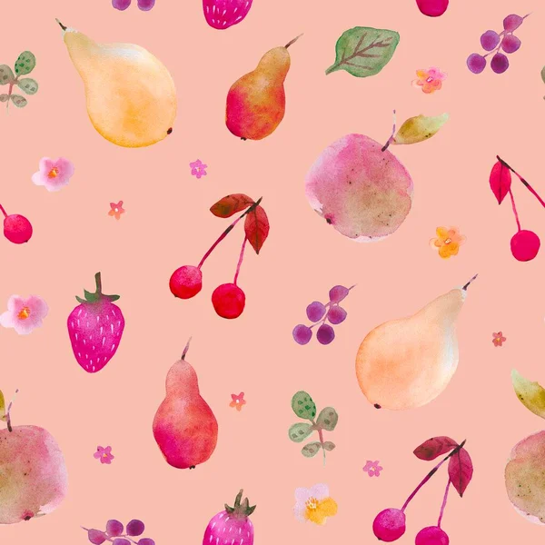 Seamless watercolor fruit pattern with pears, apples, grape, cherry. Summertime juice mood. Watercolor technique. Good for gift paper, coctail menu, textiles