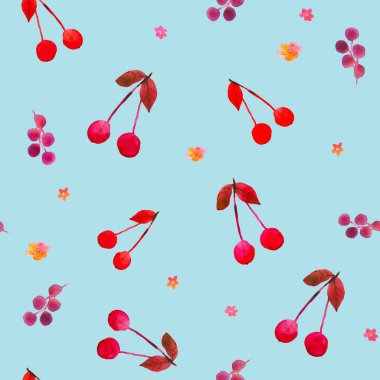 Armutlu, elmalı, üzümlü, vişneli kusursuz suluboya meyve deseni. Yaz meyve suyu havası. Suluboya tekniği. Hediye kağıdı, kuyruk kuyruğu menüsü, tekstil için iyi.