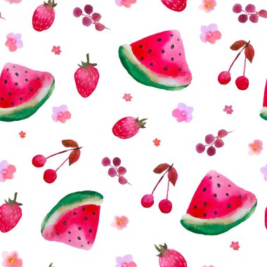 Armutlu, elmalı, üzümlü, vişneli kusursuz suluboya meyve deseni. Yaz meyve suyu havası. Suluboya tekniği. Hediye kağıdı, kuyruk kuyruğu menüsü, tekstil için iyi.