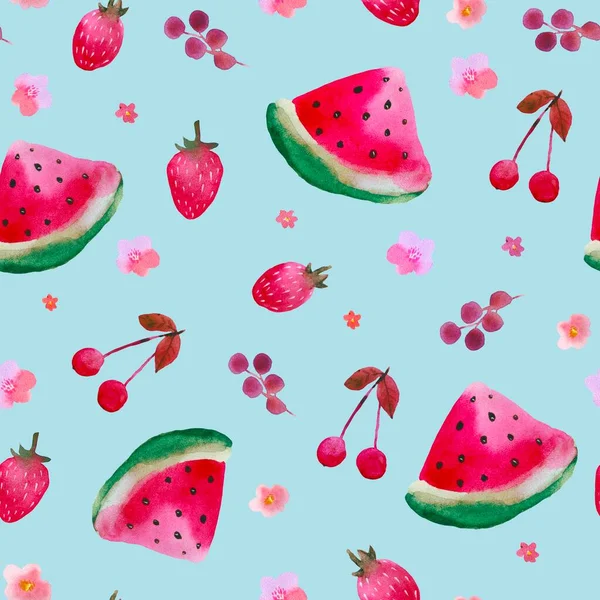 Seamless Watercolor Fruit Pattern Pears Apples Grape Cherry Summertime Juice — ストック写真