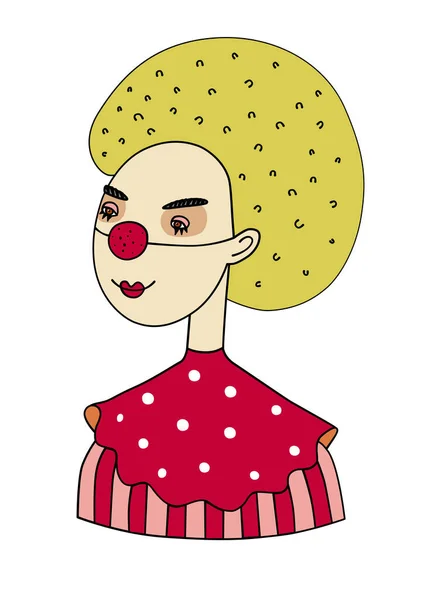 Karnaval Sirki Karakteri Kırmızı Burunlu Gür Saçlı Pembe Elbiseli Komik — Stok Vektör