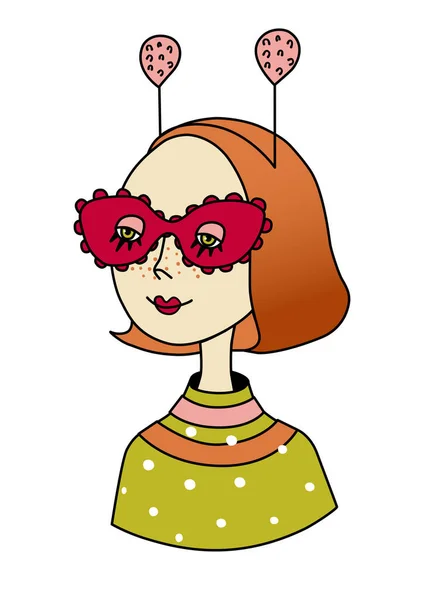 Maskeli Balo Gözlüklü Boynuzlu Komik Bir Karnaval Kızı Çocuklar Aile — Stok Vektör