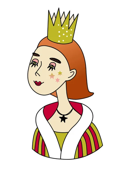 Ładny Charakter Karnawał Śmieszne Rudowłosa Księżniczka Dziewczyna Nosi Koronę Królewskie — Wektor stockowy
