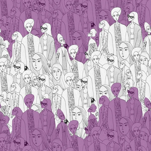 Seamless trendy pattern with trendy people. The pattern contains a fashion illustration with fashionable women, girls. Graphic people. For the design of textiles, fabrics, gift bags and wrapping paper