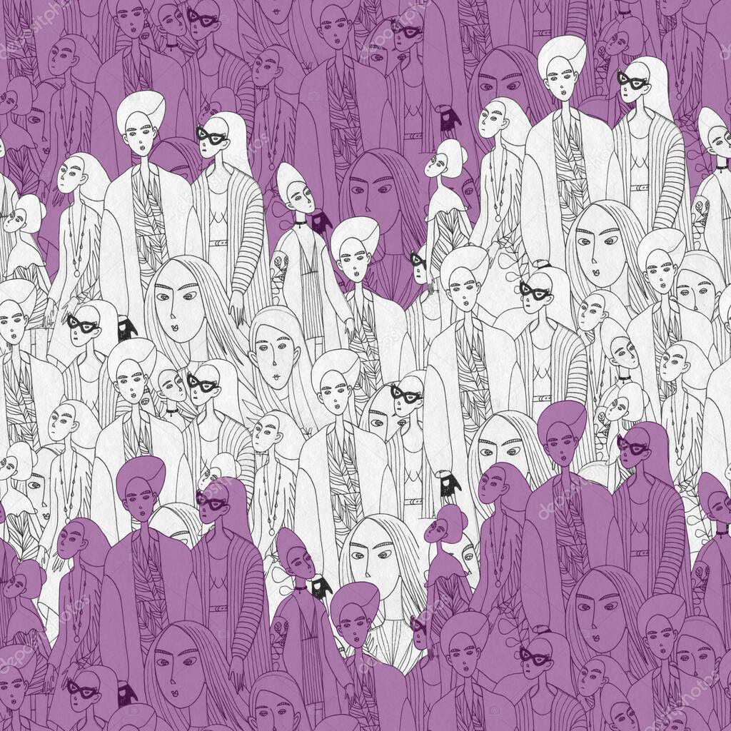 Seamless trendy pattern with trendy people. The pattern contains a fashion illustration with fashionable women, girls. Graphic people. For the design of textiles, fabrics, gift bags and wrapping paper