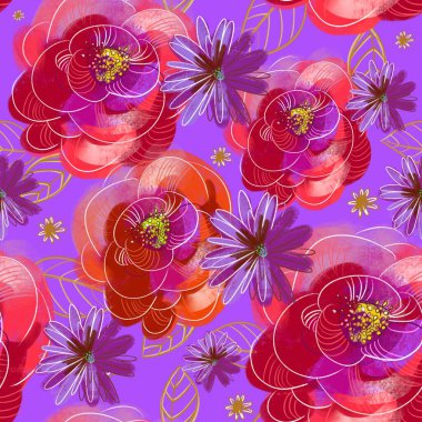 Çiçekli, çiçeksiz ve hindiba soslu desenli desenler. Tekstil tasarımı, kumaşlar, hediye ambalajları için iyi. Mor arkaplan