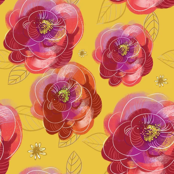 花とファッションシームレスな花の植物パターン バラとチコリ テキスタイルデザイン ギフト包装に適しています 黄色の背景 — ストック写真