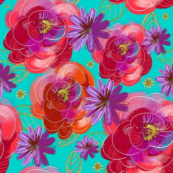 Patrón Botánico Floral Sin Costuras Moda Con Flores Rosas Achicoria — Foto de Stock