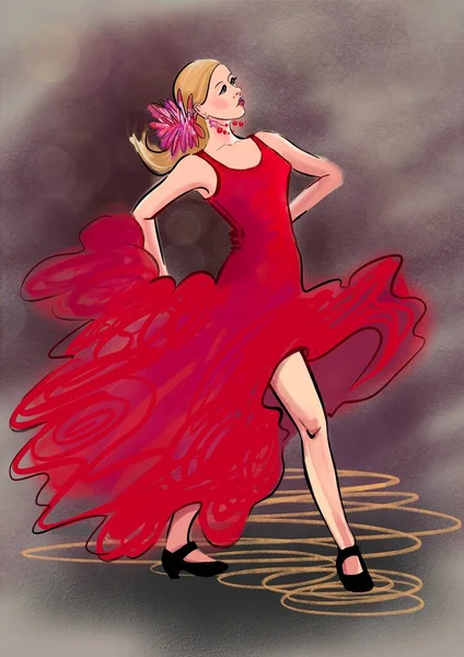 Flamenco dancer in a red dress on a dark background. The girl is dancing flamenco. Red flower in her hair. Dance of passion