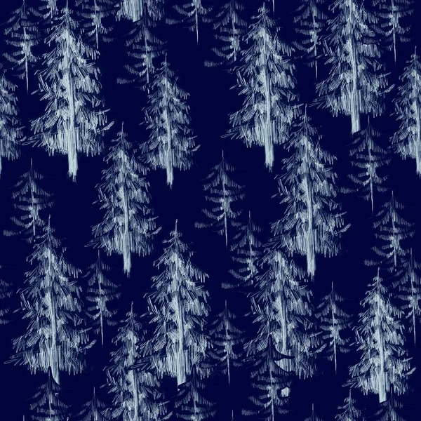 无缝隙的花纹与针叶树 圣诞树 西伯利亚自然 北部风景 用铅笔画的冬树 图形风格 纺织品设计 礼品包装 黑色背景 — 图库照片