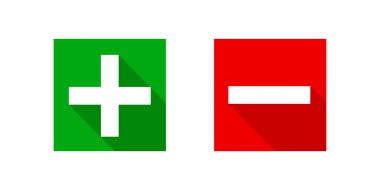 kare eksi artı işaret simgeleri modern grafik, negatif ve pozitif sembol beyaz, anot katot işareti kırmızı ve yeşil kare düğmeleri izole