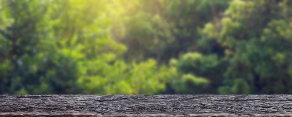 wood plank table on tree bokeh for background, wooden table for banner product display, advertise background with table plank montage on bokeh, copy space text