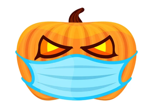 pumpkin with medical mask for the holiday halloween, halloween pumpkin wear a blue mask isolated on white, pumpkin wearing face mask for corona virus protection, new normal halloween concept