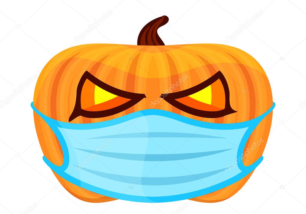 pumpkin with medical mask for the holiday halloween, halloween pumpkin wear a blue mask isolated on white, pumpkin wearing face mask for corona virus protection, new normal halloween concept