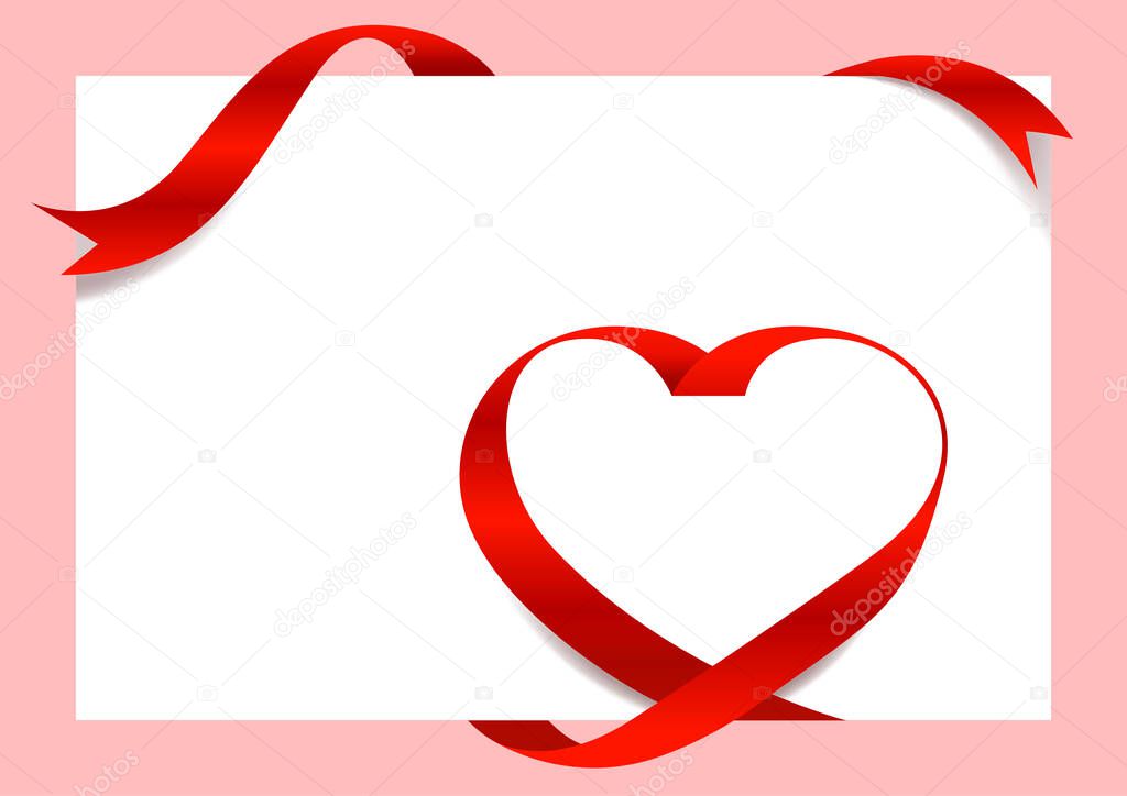 Red Ribbon Heart Shape Mock-Up for A4 size Banner Valentine's Day, Greeting card, Gift Voucher and Certificate Background, copy space
