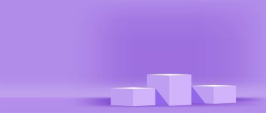 Kozmetik makyaj ürünleri için mor pastel kaide sahne, modern podyum ürün sergisi için 3 adım, podyum kaidesi reklam arka planı için 3 kat, kopyalama alanı, 3d illüstrasyon