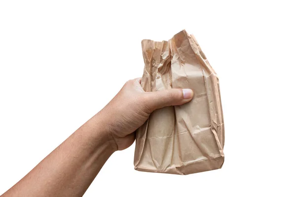 Zapakowana Papierowa Brązowa Torba Ręku Dostawa Żywności Koncepcja Przenoszenia Ręczne — Zdjęcie stockowe