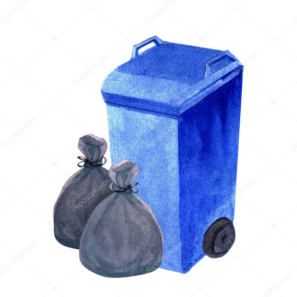 bin watercolor, trash bin and bag waste, black plastic trash bags and blue trash can