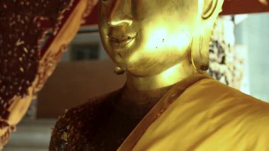 Tapınaktaki altın Buda heykeli, barışı, inancı ve Tayland sanatını simgeliyor. Kültürel, dini, meditasyon ve seyahat projeleri için mükemmel
