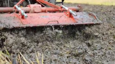 Traktör çamurlu pirinç tarlası, çeltik çamuru, tarımdan sonra tarımda toprak dokusu ve tarım sürecini gösteriyor, yakın plan.