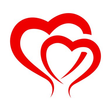 Birbirine kenetlenmiş kırmızı kalpler, çift kalp grafik ikonu, sevgililer günü için kırmızı kalp şekli, kalp çıkartması grafiği.