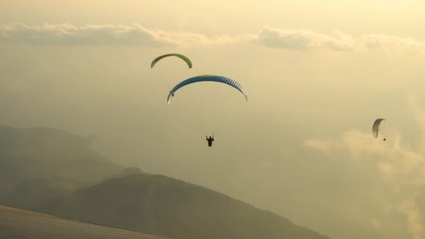 Silhuett av skärmflygning svävar i den molniga himlen — Stockvideo