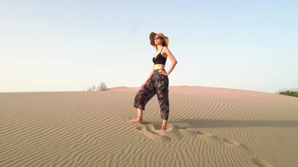 Mujer Joven Con Sombrero Caminando Las Dunas Del Desierto Con — Vídeo de stock