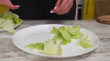 Beyaz tabakta taze yeşil salata servisi yapan bir kadın. Sebzeli taze salata ve sağlıklı yemek. Akdeniz Mutfağı Vejetaryen Diyeti.