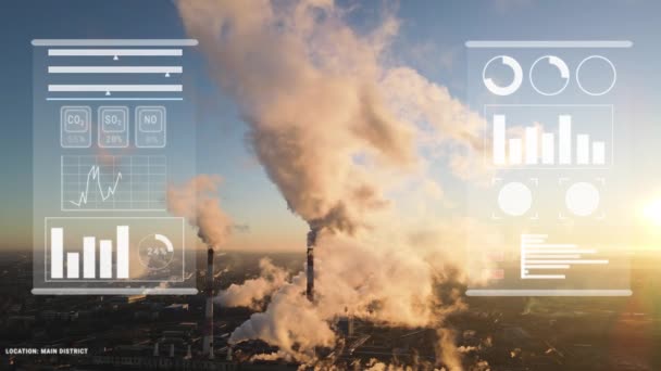 Průmyslová zóna a komíny továrního kouře s pohybovou infografikou. Průmyslová technologie Inteligentní město řídí znečištění vzduchu potrubím
