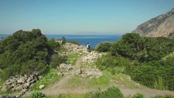若い女性旅行者は岩の海岸 空中ビューに沿って海の海岸ハイキングを行う — ストック動画