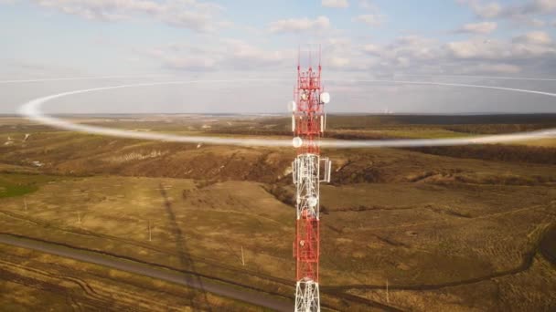 Tecnología de torre de telecomunicaciones 5G, antena con ondas de radio visuales — Vídeo de stock