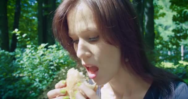 Hungrige Frau Isst Burger Park Auf Bank Sitzend Fast Food — Stockvideo