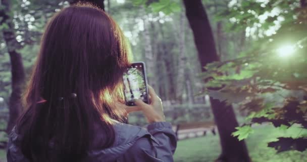 女人欢快地拿着手机 在公园的森林树上拍着日落的照片 美丽的自然景观夕阳西下 用智能手机旅行度假拍照 — 图库视频影像