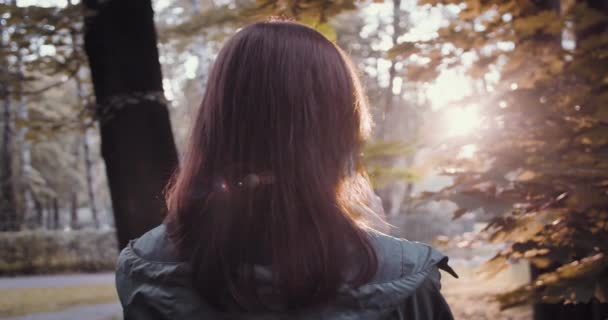 Cep Telefonlu Neşeli Bir Kadın Parktaki Orman Ağacında Günbatımının Huzurlu — Stok video