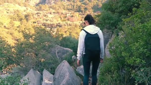 Harte Wanderin Den Felsigen Bergen Tourismus Den Bergen Sommer — Stockvideo