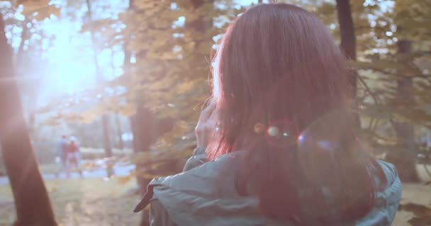 Vrouw Neemt Foto Smartphone Van Zonsondergang Openbaar Stadspark Rust Vakantie — Stockvideo