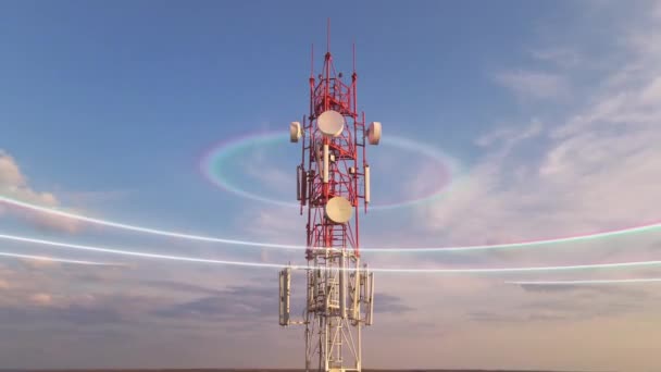 Telekommunikationstorn med 5G-teknik, animerad digital trådlös signal — Stockvideo