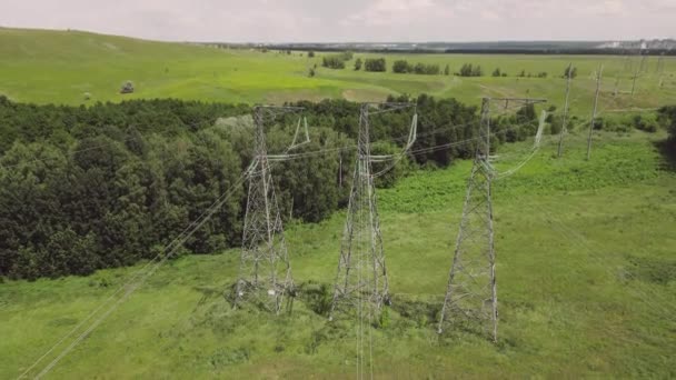 Torre Linha Eletricidade Industrial Alta Tensão Tecnologia Energética Vista Aérea — Vídeo de Stock