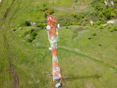 Telecommunication antenna GSM 5G and 4G tower. Cellular phone antennas countryside