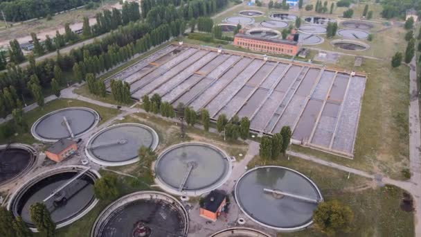 Aerial View Sewage Treatment Facilities Aeration Water Purification Tanks Modern — Stock Video