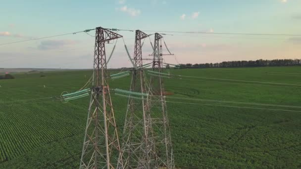 Vysílací Věž Vysokonapěťové Sloupy Vedení Přenosu Energie Letecký Pohled — Stock video