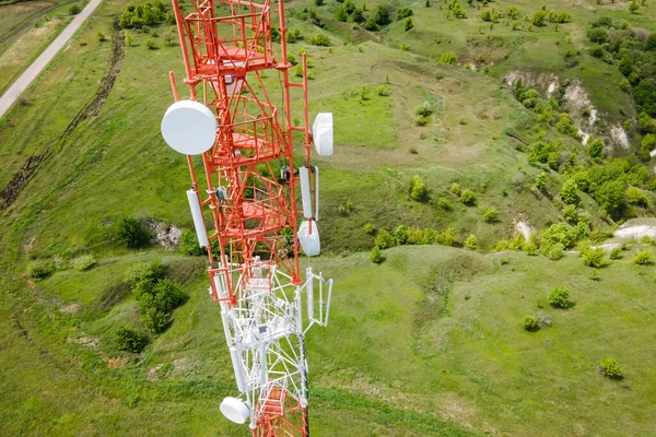 Telecom tower with 5g base station antenna. Aerial view of telephone mast