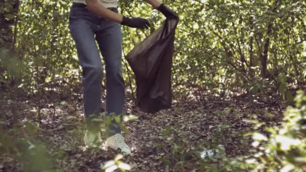志愿者慈善环境 改善环境 爱护生态的妇女志愿者持包收集垃圾 — 图库视频影像
