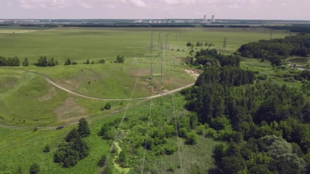 Electric Power Transmission Tower Countryside Field Aerial View — Stock Video