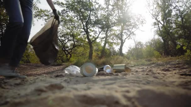 Kadın Çöp Torbasında Çöp Topluyor Çöpsüz Gezegen Konsepti Doğa Temizliği — Stok video