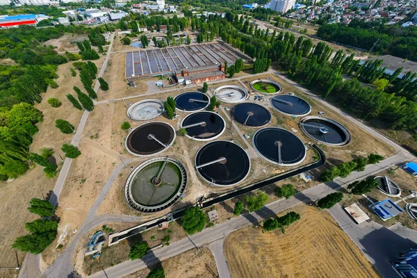 Sewage treatment plant. Sedimentation round tank or clarifier in modern sewage or wastewater treatment plant
