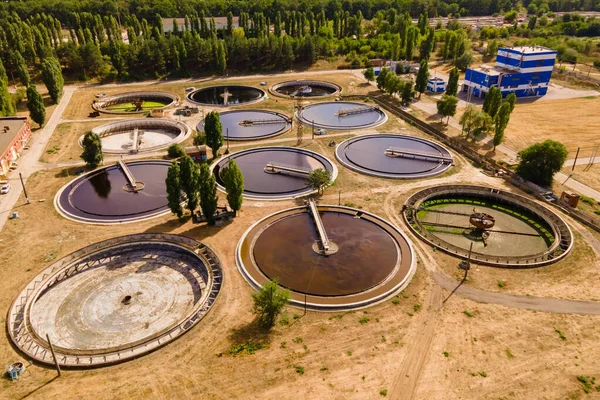 Sewage water basin clean. Wastewater treatment plant for recycle dirty sewage water, aerial view