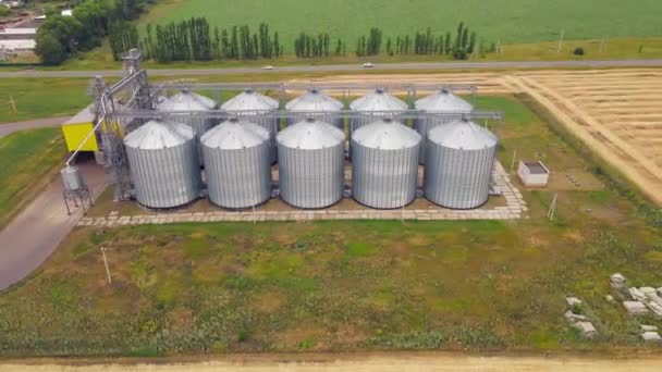 Elevador de armazenamento de grãos, grande hangar de metal para grãos. Silo com grão — Vídeo de Stock